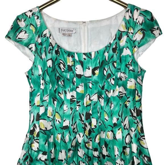 Kay Unger Dress Green Silk Cotton Blend Floral Fit Flare Scoop Neck Size 12 - Picture 3 of 13